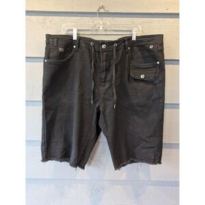 Born Fly Shorts Mens 42 Black Denim Bermuda Drawstring Raw Hem 12 Inseam Stretch